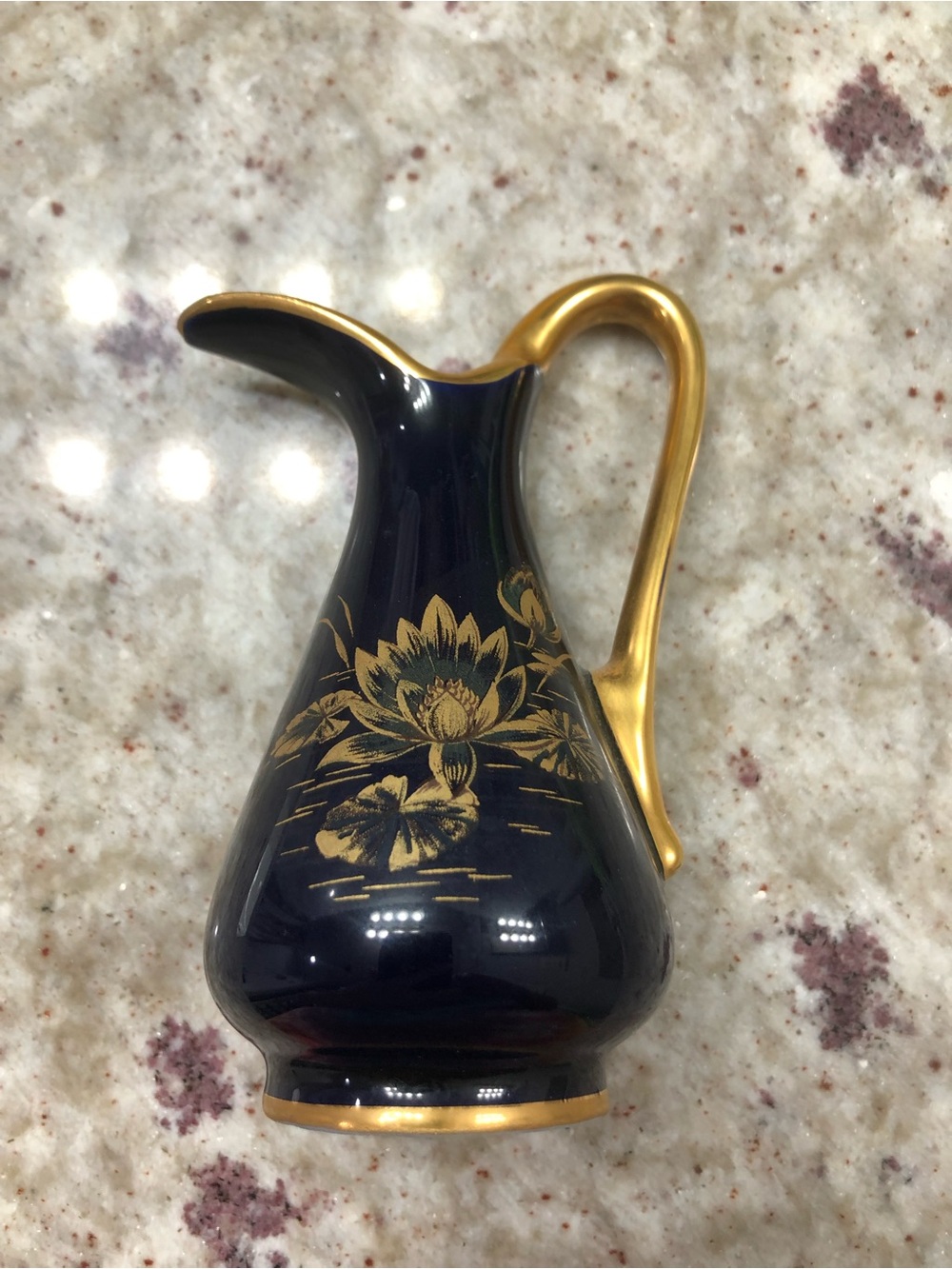 Vintage Miniature Limoges Navy and Gold Floral Porcelain Pitcher